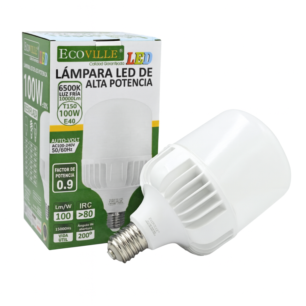 Lampara LED 100W Luz Fria Rosca E40 Alta Potencia T150 0.9fp ECOVILLE