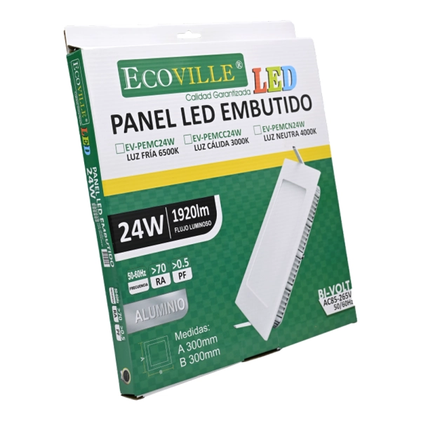 PANEL LED LIVIANO EMBUTIDO CUADRADO 24W CUADRADA / REDONDA (con varios tipos de luz) ECOVILLE (Fría (6500K), Cuadrado)