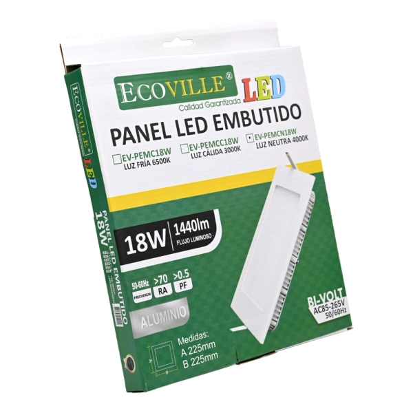 PANEL LED LIVIANO EMBUTIDO CUADRADO 18W CUADRADA / REDONDA (con varios tipos de luz) ECOVILLE (Fría (6500K), Cuadrado)
