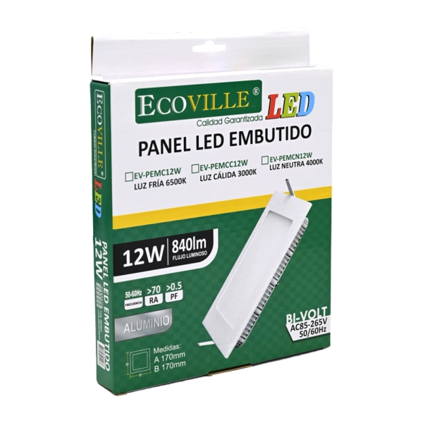 PANEL LED LIVIANO EMBUTIDO CUADRADO 12W CUADRADA / REDONDA (con varios tipos de luz) ECOVILLE (Fría (6500K), Cuadrado)