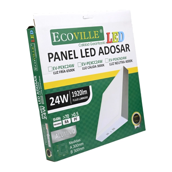 [26611] PANEL LED LIVIANO CUADRADO EXTERNO (para Adosar) 24W CUADRADA / REDONDA (con varios tipos de luz) ECOVILLE (Fría (6500K), Cuadrado)