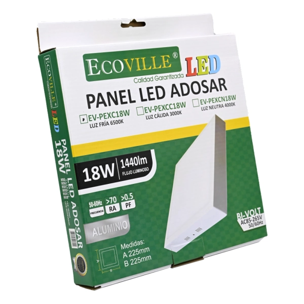 [26574] PANEL LED LIVIANO (para Adosar) 18W CUADRADO / REDONDO (con varios tipos de luz) ECOVILLE (Fría (6500K), Cuadrado)