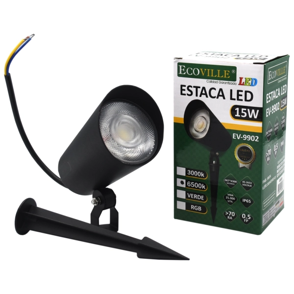 [49009] ESTACA LED COB 15W 3000K/6500K/VERDE/RGB de color NEGRO ECOVILLE (Fría (6500K))