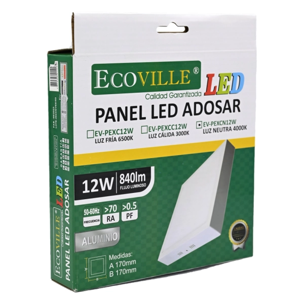 [26529] PANEL LED LIVIANO (para Adosar) 12W CUADRADO / REDONDO (con varios tipos de luz) ECOVILLE (Fría (6500K), Cuadrado)
